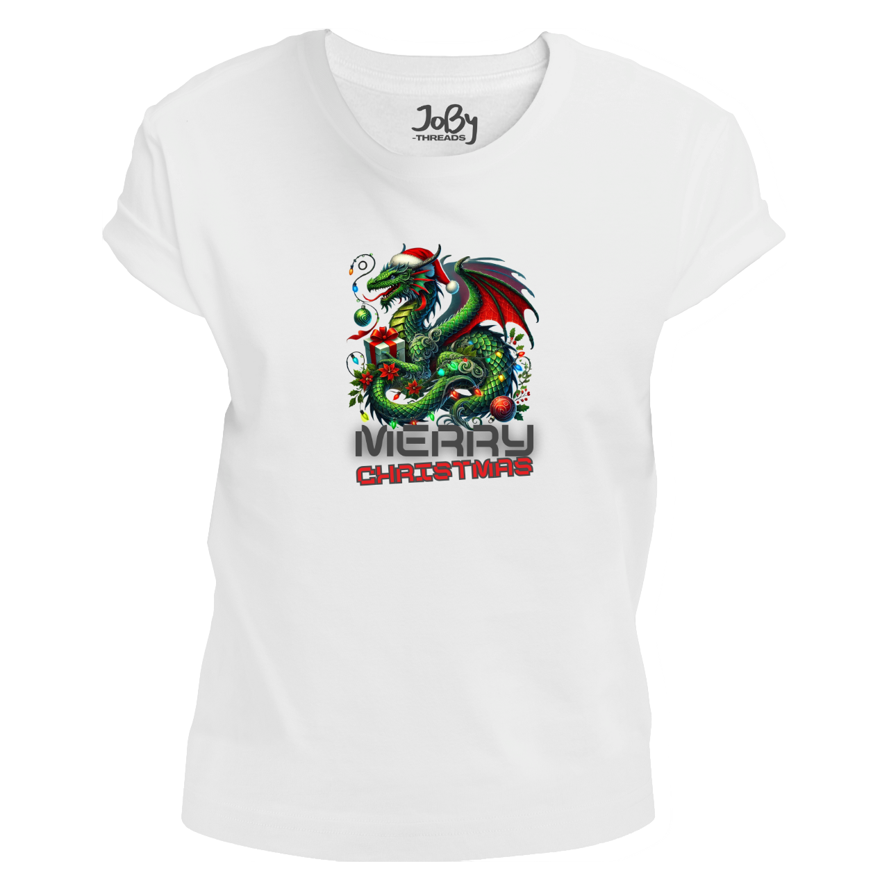 The front view is of a white fitted ladies' T-shirt featuring a snake-like dragon wearing a Santa hat, carrying Christmas gifts, and adorned with decorations and lights with "MERRY CHRISTMAS" text underneath. Limited to 100 total prints across all sizes and variations. Made from 100% cotton, adding festive cheer to your wardrobe.