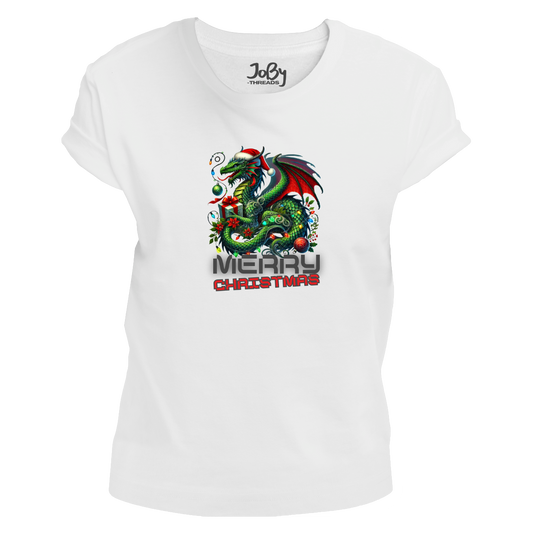 The front view is of a white fitted ladies' T-shirt featuring a snake-like dragon wearing a Santa hat, carrying Christmas gifts, and adorned with decorations and lights with "MERRY CHRISTMAS" text underneath. Limited to 100 total prints across all sizes and variations. Made from 100% cotton, adding festive cheer to your wardrobe.