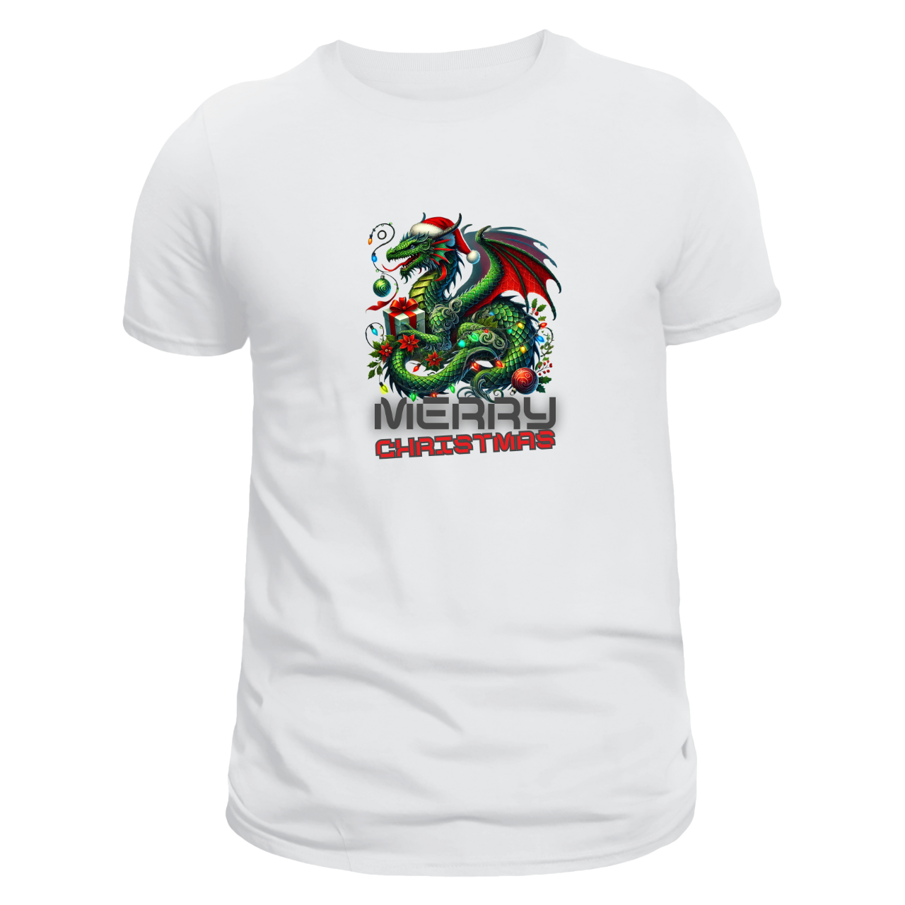 The front view is of a white unisex T-shirt featuring a snake-like dragon wearing a Santa hat, carrying Christmas gifts, and adorned with decorations and lights with "MERRY CHRISTMAS" text underneath. Limited to 100 total prints across all sizes and variations. Made from 100% cotton, it is perfect for celebrating the holiday season.