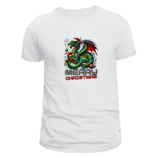 The front view is of a white unisex T-shirt featuring a snake-like dragon wearing a Santa hat, carrying Christmas gifts, and adorned with decorations and lights with "MERRY CHRISTMAS" text underneath. Limited to 100 total prints across all sizes and variations. Made from 100% cotton, it is perfect for celebrating the holiday season.