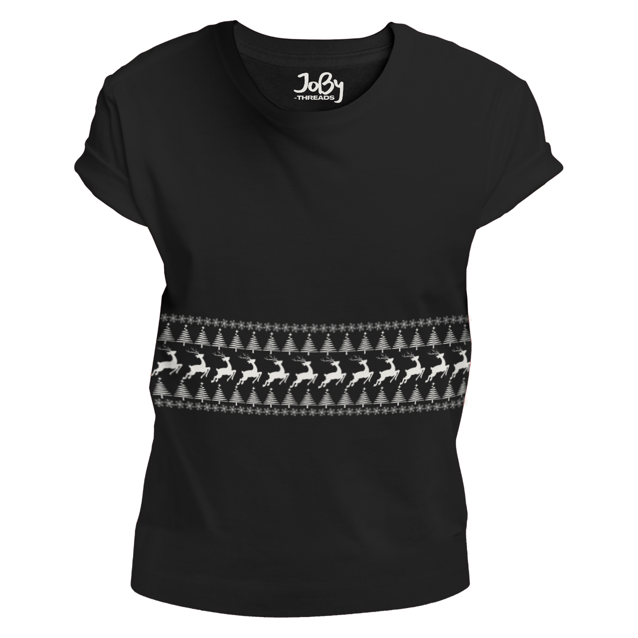 Front view of a black fitted ladies' T-shirt featuring a stripe of Christmas patterns with snowflakes, Christmas trees, and reindeer running across the chest. Limited to 100 total prints across all sizes and variations. Made from 100% cotton, it is perfect for adding festive cheer to your wardrobe.