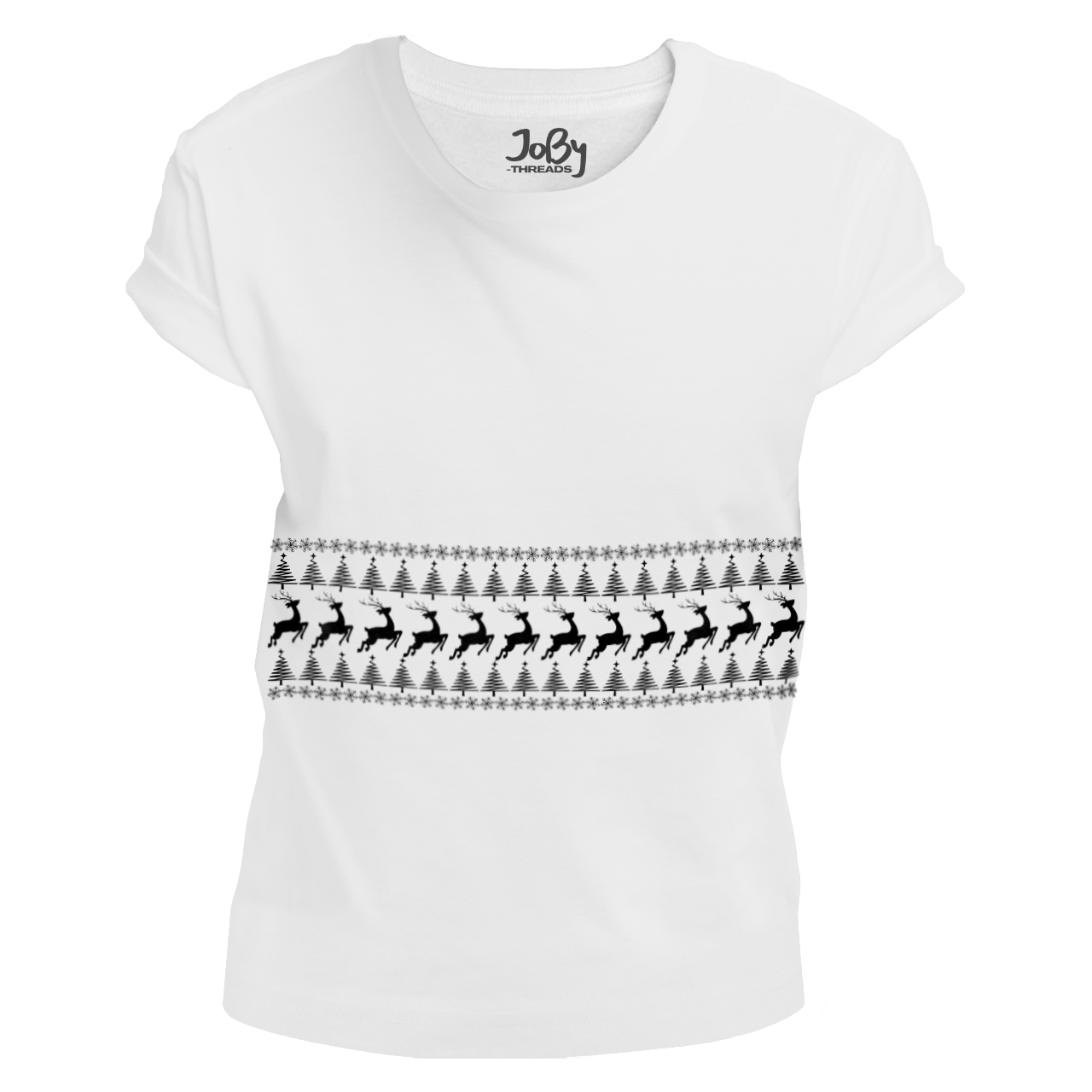 Front view of a white fitted ladies' T-shirt featuring a stripe of Christmas patterns with snowflakes, Christmas trees, and reindeer running across the chest. Limited to 100 total prints across all sizes and variations. Made from 100% cotton, it is perfect for adding festive cheer to your wardrobe.