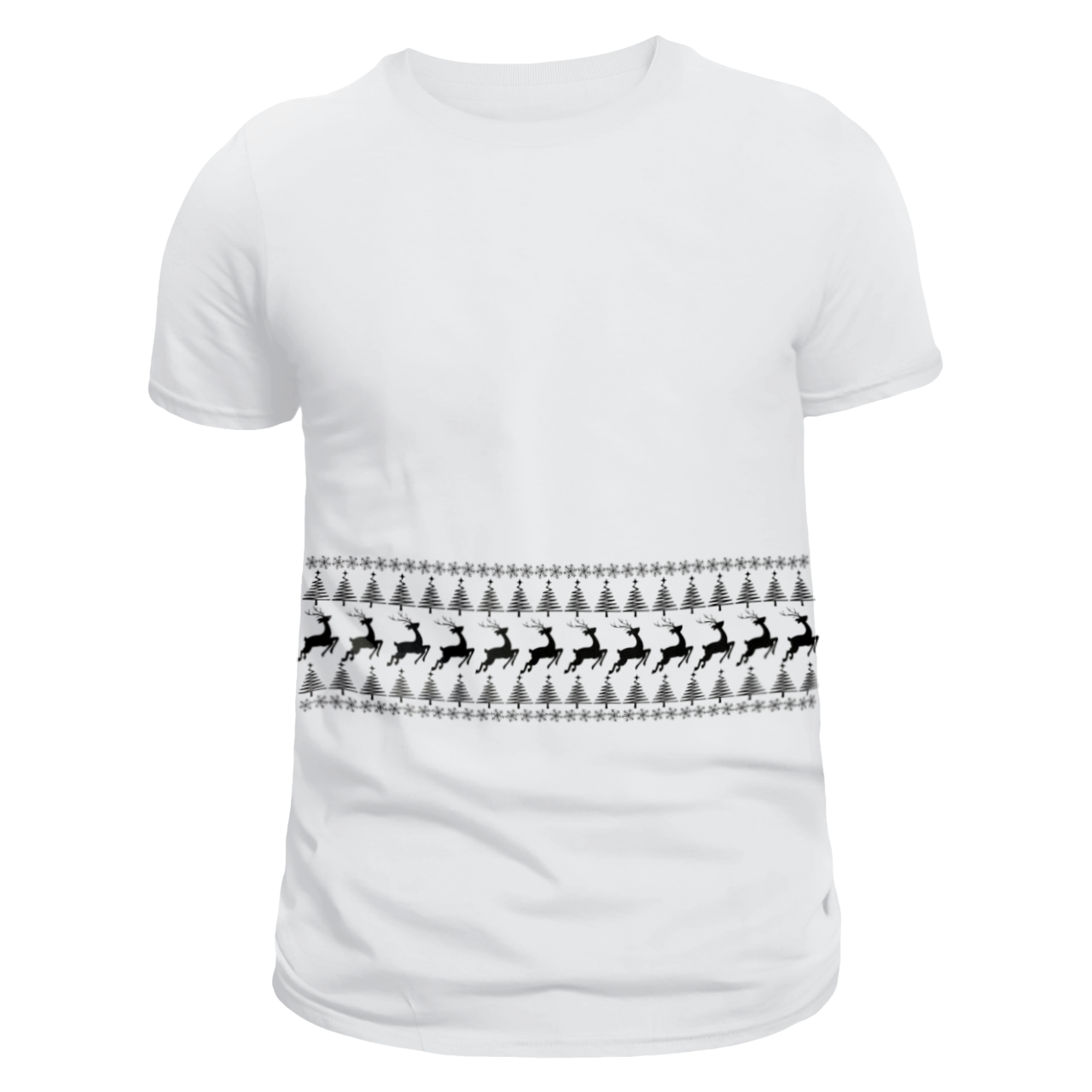 Front view of a white unisex T-shirt featuring a stripe of Christmas patterns with snowflakes, Christmas trees, and reindeer running across the chest. Limited to 100 total prints across all sizes and variations. Made from 100% cotton, it is perfect for celebrating the holiday season.