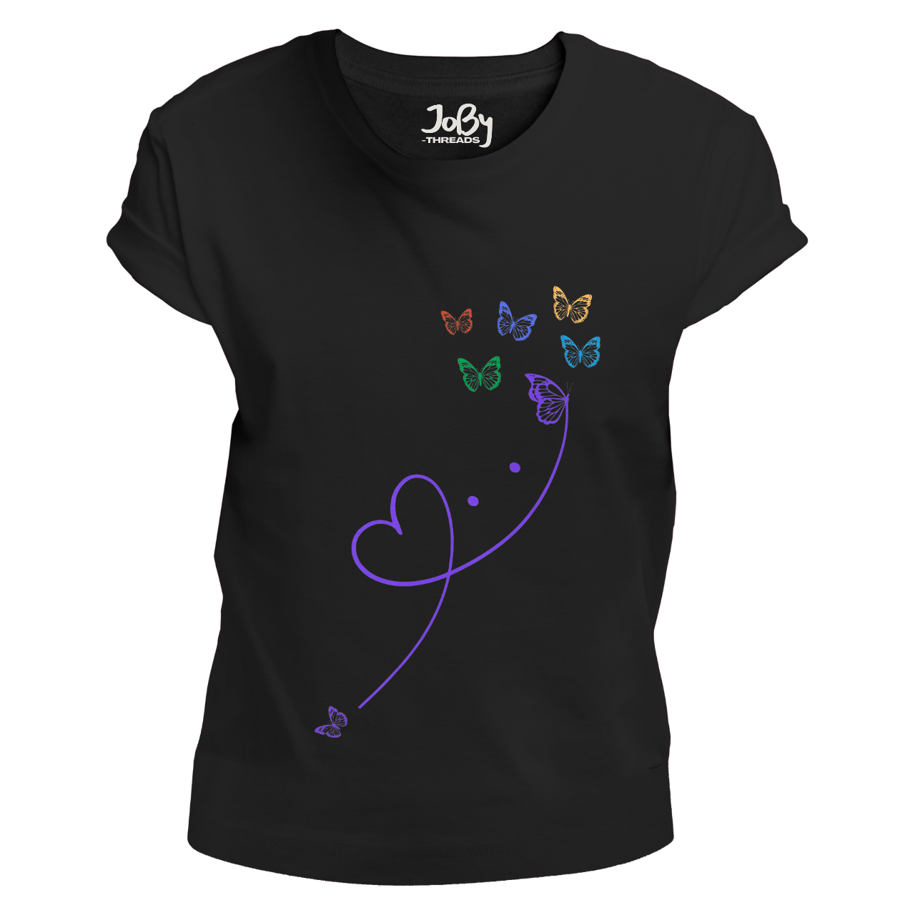 Front view of a black fitted ladies' T-shirt adorned with charming red hearts and delicate butterflies, creating a whimsical and elegant design.