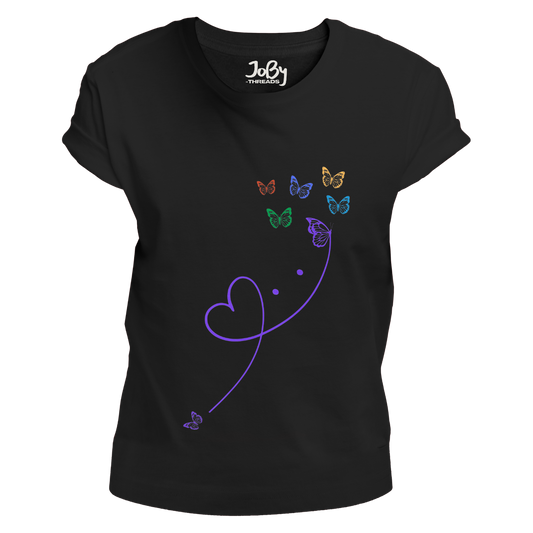 Front view of a black fitted ladies' T-shirt adorned with charming red hearts and delicate butterflies, creating a whimsical and elegant design.