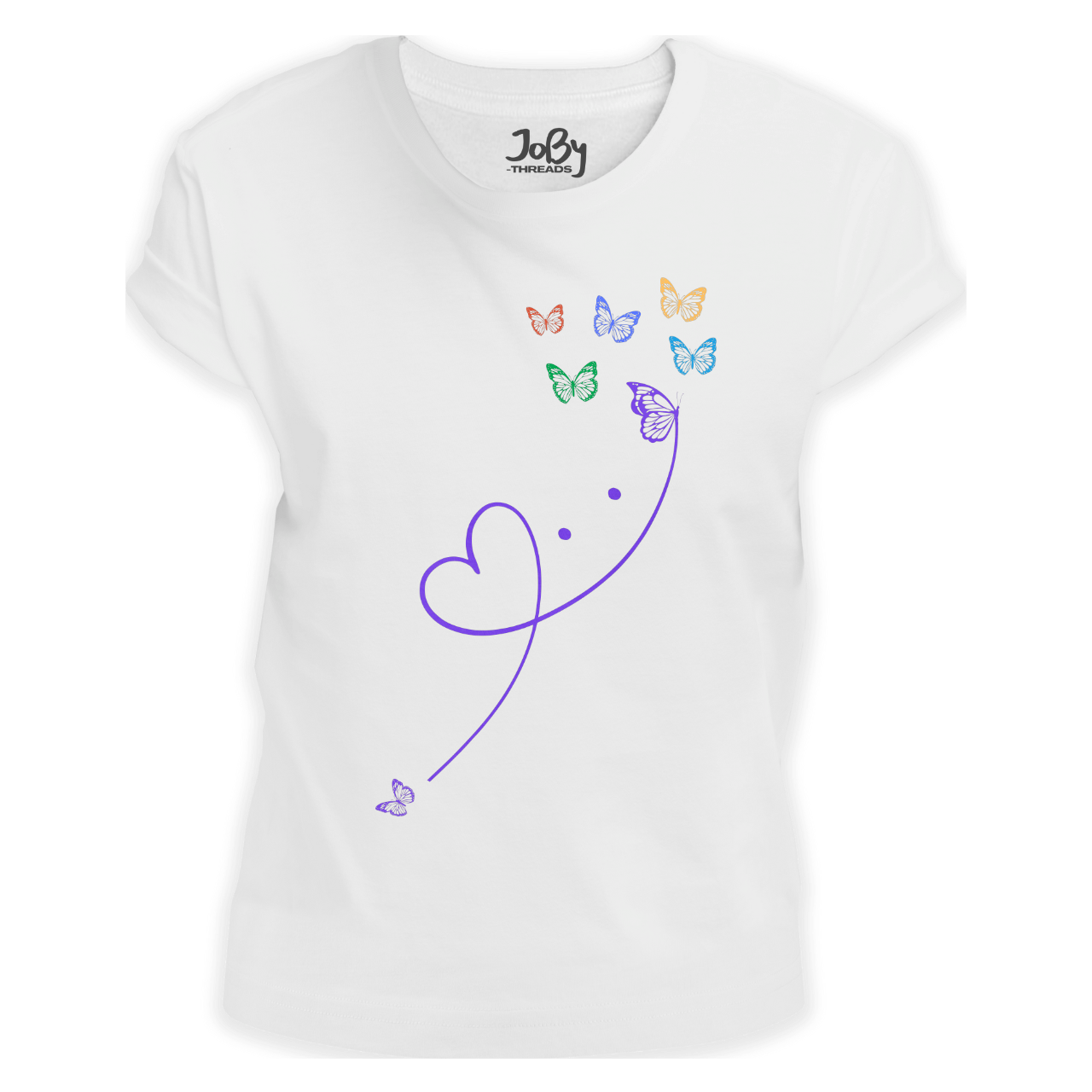 Front view of a white fitted ladies' T-shirt featuring a delightful design of red hearts and graceful butterflies, blending whimsy with elegance.