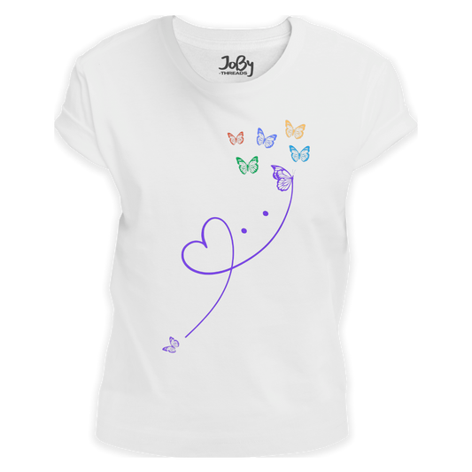 Front view of a white fitted ladies' T-shirt featuring a delightful design of red hearts and graceful butterflies, blending whimsy with elegance.
