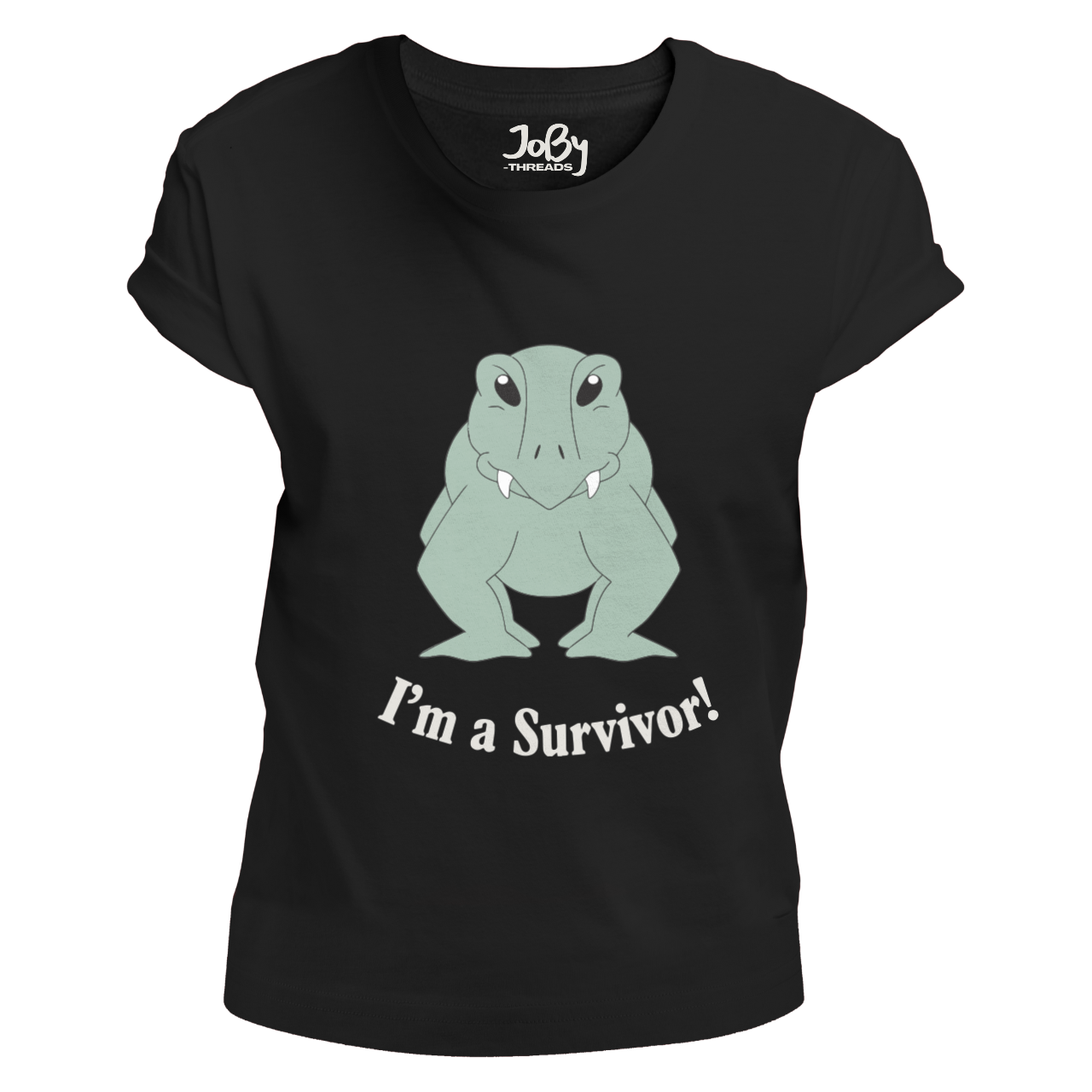 Front view of a black fitted ladies' T-shirt showcasing Lloyd the Lystrosaur, a resilient reptile with a knowing glint in his eyes and a tusky grin, accompanied by the bold statement "I’m A Survivor!" below. Designed by Eva Hancox and crafted from 100% cotton, it is ideal for fans of quirky animal stories and prehistoric charm.