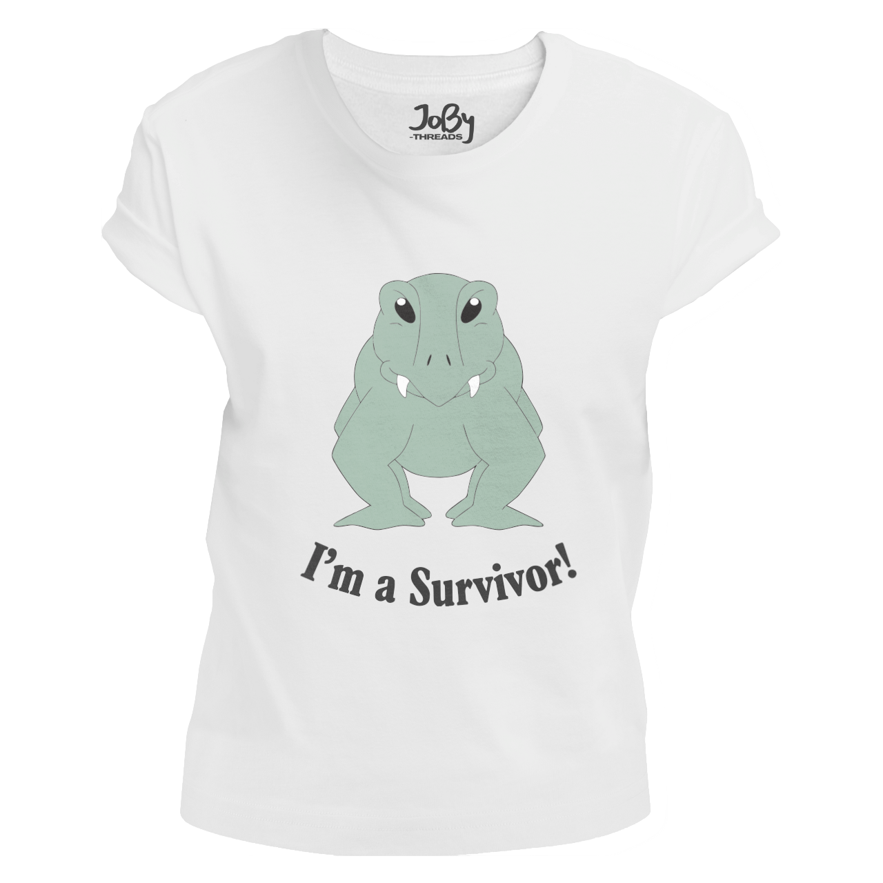 Front view of a white fitted ladies' T-shirt showcasing Lloyd the Lystrosaur, a determined herbivore with a knowing glint in his eyes and a toothy grin, paired with the bold statement "I’m A Survivor!" below. Designed by Eva Hancox and crafted from 100% cotton, it is ideal for fans of ancient resilience and unique animal designs.