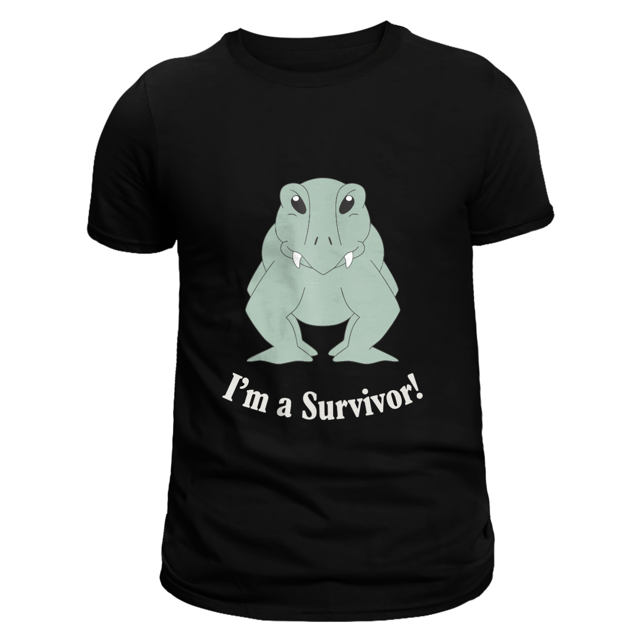 This is a front view of a black unisex T-shirt featuring Lloyd the Lystrosaur, a sturdy legend with a stout body and a tusky grin. It is pictured alongside the bold phrase "I’m A Survivor!" beneath. Designed by Eva Hancox and made from 100% cotton, it is perfect for prehistoric buffs and those who embrace ancient resilience.