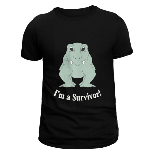 This is a front view of a black unisex T-shirt featuring Lloyd the Lystrosaur, a sturdy legend with a stout body and a tusky grin. It is pictured alongside the bold phrase "I’m A Survivor!" beneath. Designed by Eva Hancox and made from 100% cotton, it is perfect for prehistoric buffs and those who embrace ancient resilience.