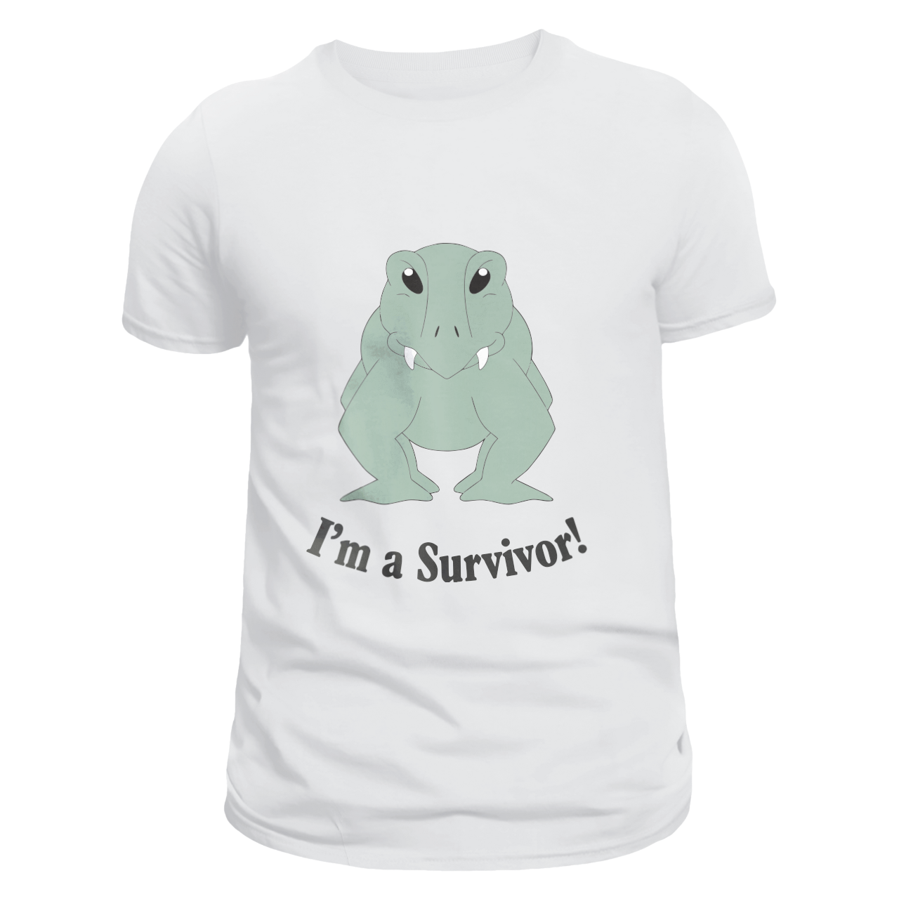 Front view of a white unisex T-shirt featuring Lloyd the Lystrosaur, a resilient reptile with a stout body and tusky grin, accompanied by the bold phrase "I’m A Survivor!" beneath. Designed by Eva Hancox and made from 100% cotton, it is perfect for prehistoric enthusiasts and fans of quirky animal stories.