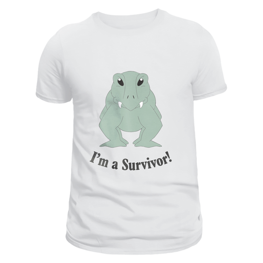 Front view of a white unisex T-shirt featuring Lloyd the Lystrosaur, a resilient reptile with a stout body and tusky grin, accompanied by the bold phrase "I’m A Survivor!" beneath. Designed by Eva Hancox and made from 100% cotton, it is perfect for prehistoric enthusiasts and fans of quirky animal stories.