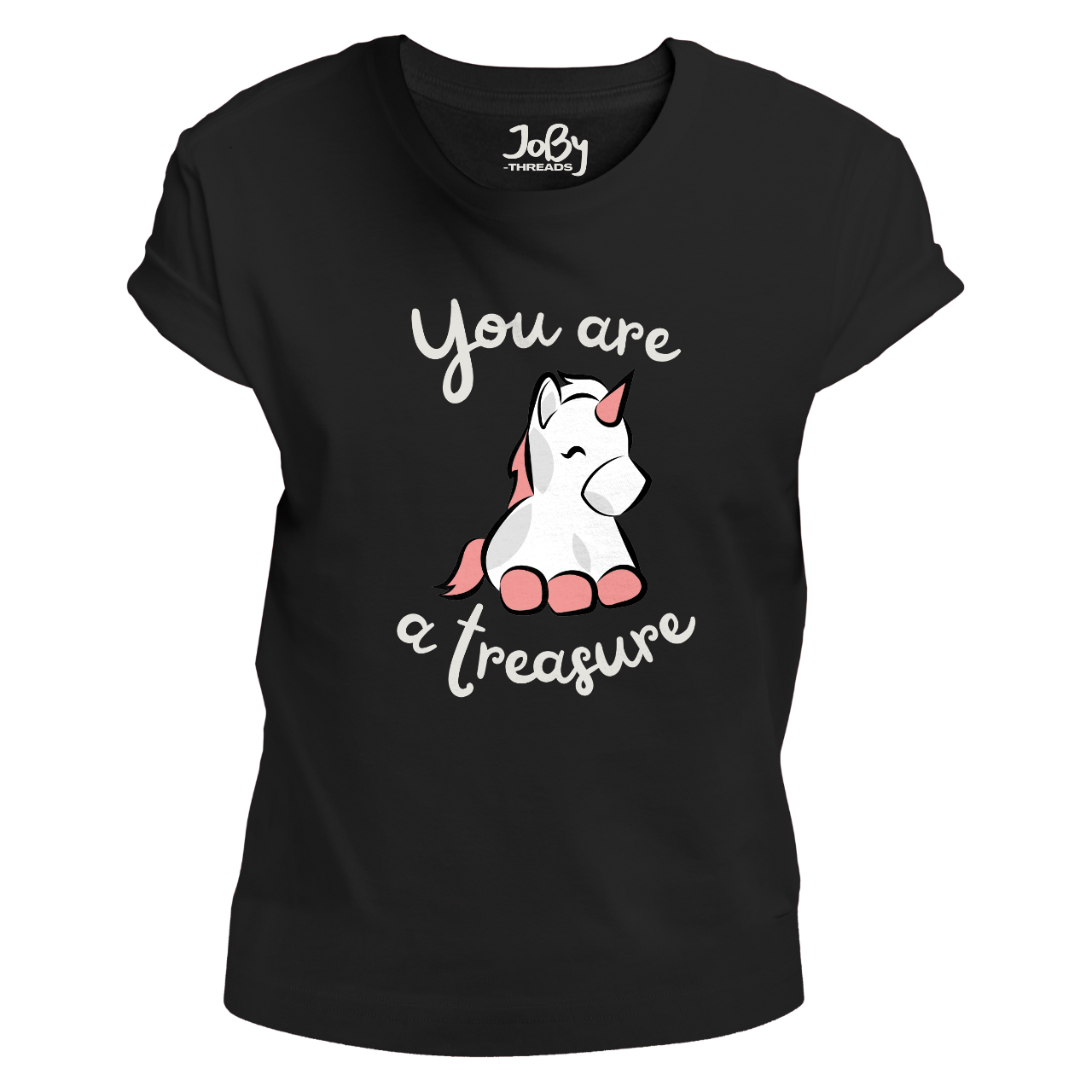 Front view of a black fitted ladies' T-shirt featuring a playful unicorn design ready to sprinkle positivity and magic.