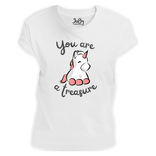 Front view of a white fitted ladies' T-shirt showcasing a playful unicorn ready to sprinkle positivity and a bit of magic.