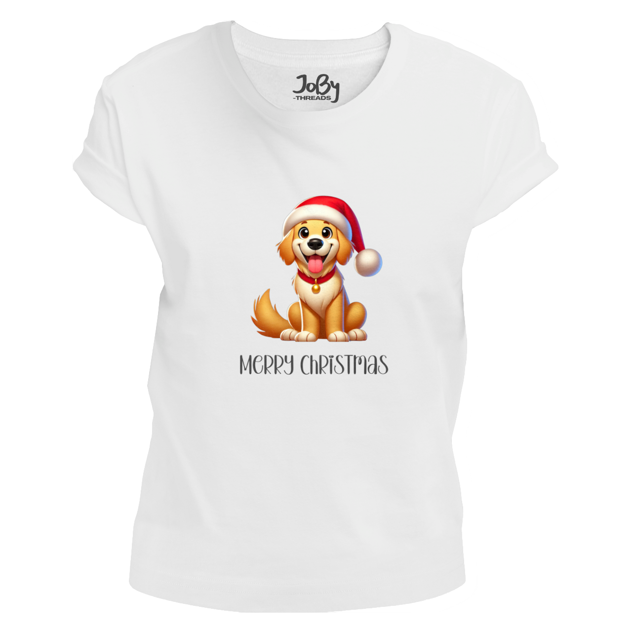 Front view of a white fitted ladies' T-shirt displaying a cute cartoon dog in a Santa hat with bright green eyes and a joyful smile. Underneath the dog, the words 'Merry Christmas' are elegantly written in festive script.
