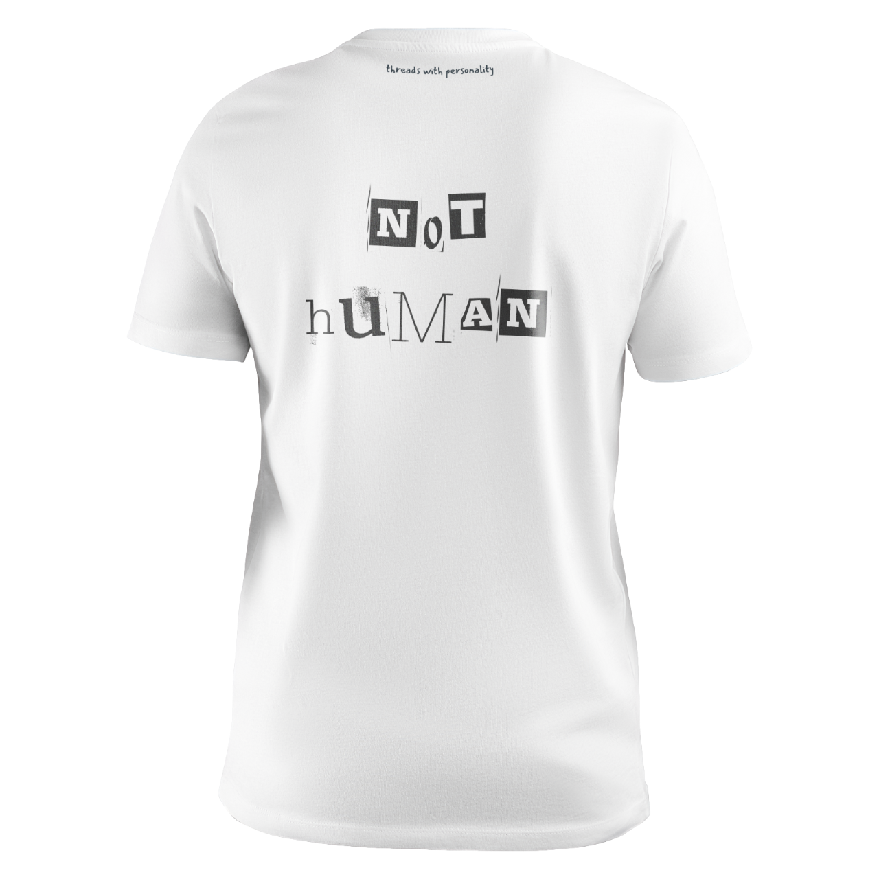 Front view of a white unisex T-shirt featuring funky black font proclaiming "Not Human." Perfect for expressing an otherworldly side, this tee is ideal for those who embrace their unique and delightful differences. Made from 100% cotton, providing comfort as if floating in zero gravity.