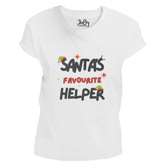 Front view of a white fitted ladies' T-shirt showcasing 'Santa's Favourite Helper' design with elf hats on the letters 'S' and 'R,' and reindeer antlers on the second 'S' in 'Santa's.'