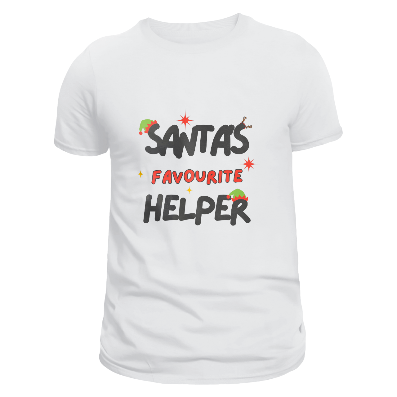 Front view of a white unisex T-shirt featuring 'Santa's Favourite Helper' text with an elf hat on the first 'S' in 'Santa' and 'R' in 'Helper,' and reindeer antlers on the second 'S' in 'Santa's.'