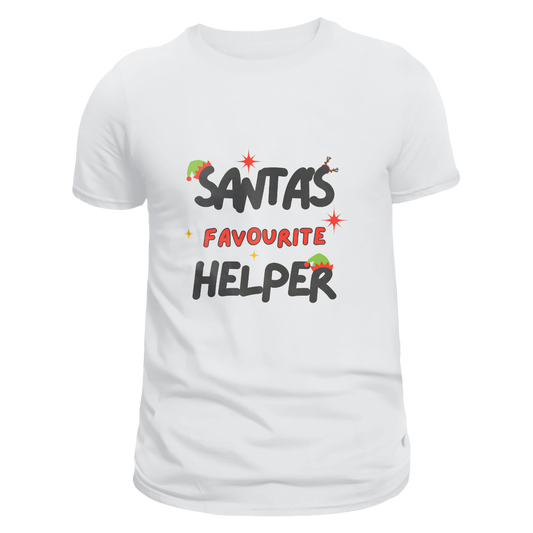 Front view of a white unisex T-shirt featuring 'Santa's Favourite Helper' text with an elf hat on the first 'S' in 'Santa' and 'R' in 'Helper,' and reindeer antlers on the second 'S' in 'Santa's.'