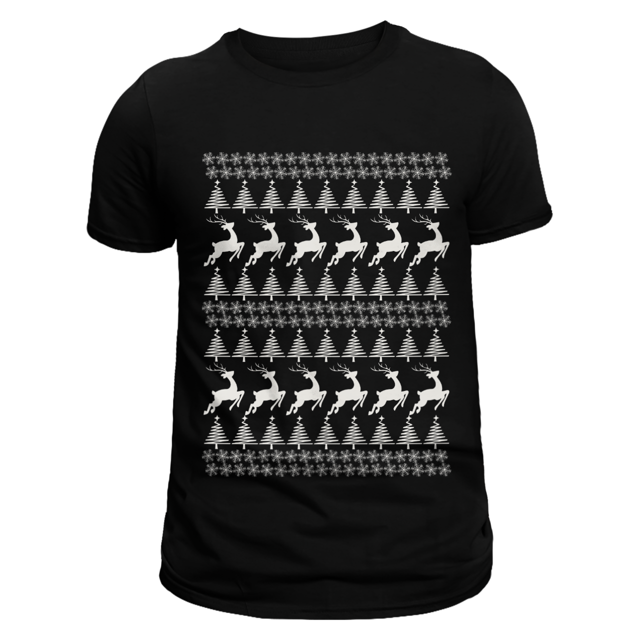 Snowflakes, Christmas Trees, and Reindeers Jersey T-Shirt in Black for Unisex - Limited Edition Festive Cotton Tee