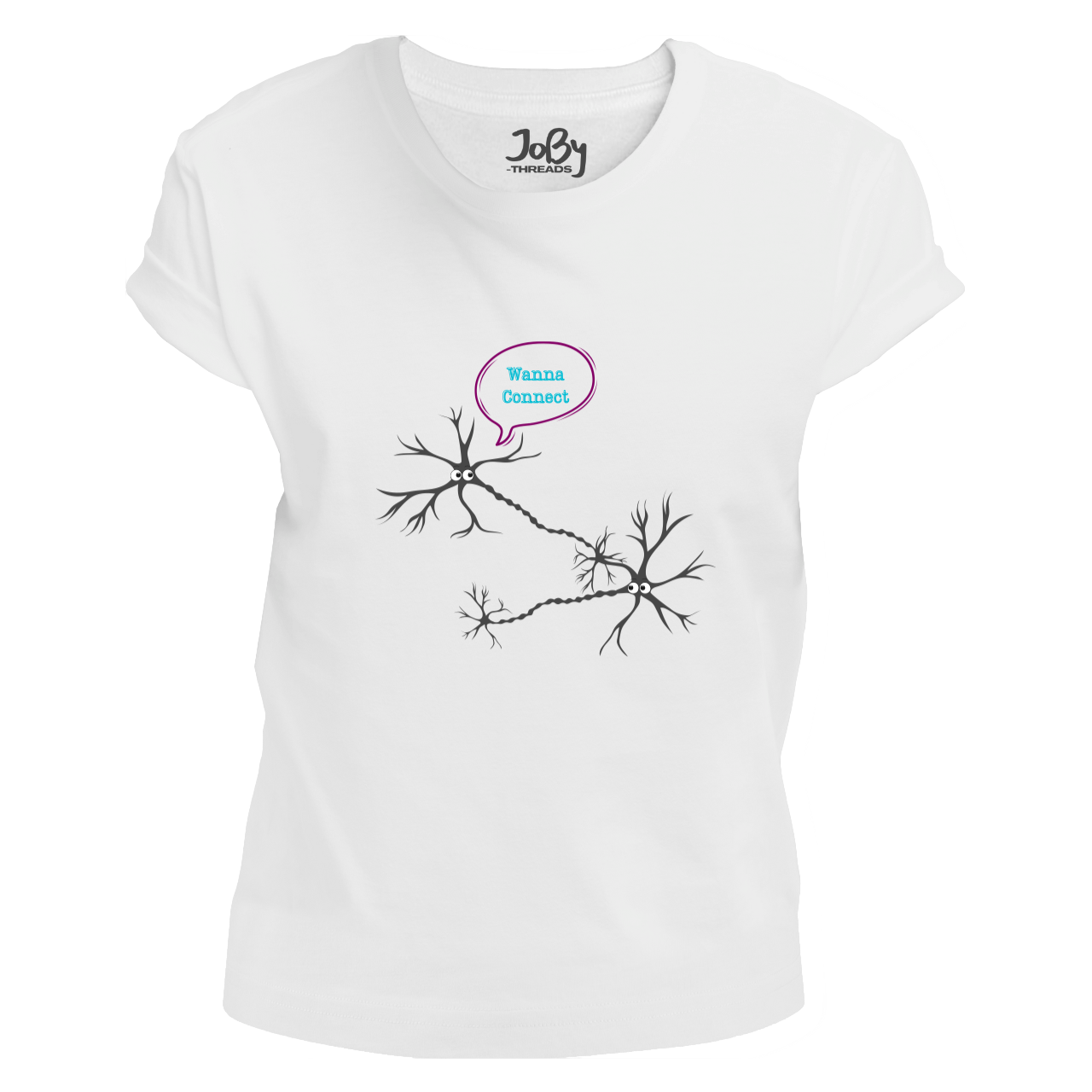 Front view of a white fitted ladies' T-shirt featuring a design of two connected neurons with one saying "Wanna Connect." Limited to 100 total prints across all sizes and variations. Made from 100% cotton, it is perfect for science lovers.