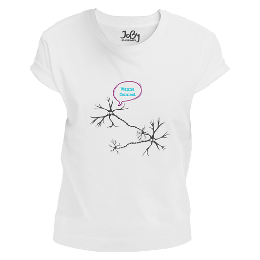 Front view of a white fitted ladies' T-shirt featuring a design of two connected neurons with one saying "Wanna Connect." Limited to 100 total prints across all sizes and variations. Made from 100% cotton, it is perfect for science lovers.