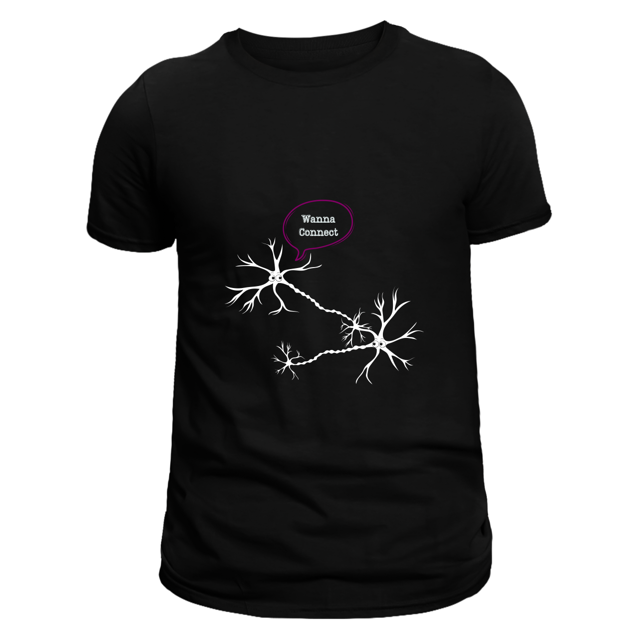 Front view of a black unisex T-shirt featuring a design of two connected neurons with one saying "Wanna Connect." Limited to 100 total prints across all sizes and variations. Made from 100% cotton, it is perfect for science enthusiasts.