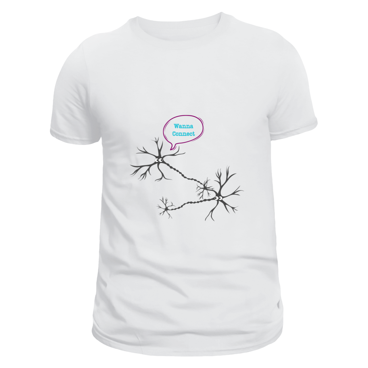 Front view of a white unisex T-shirt featuring a design of two connected neurons with one saying "Wanna Connect." Limited to 100 total prints across all sizes and variations. Made from 100% cotton, it is ideal for showcasing your love for neuroscience.