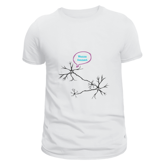 Front view of a white unisex T-shirt featuring a design of two connected neurons with one saying "Wanna Connect." Limited to 100 total prints across all sizes and variations. Made from 100% cotton, it is ideal for showcasing your love for neuroscience.