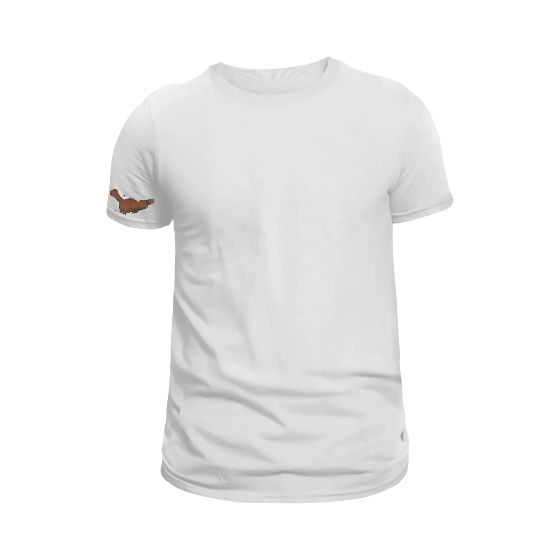 The Wrist-Watch Spill T-Shirt in White for Unisex – Small Coffee Splash on Upper Sleeve