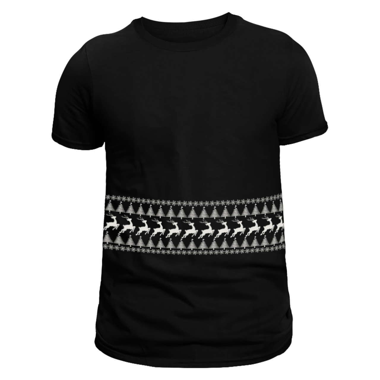 Front view of a black unisex T-shirt featuring a stripe of Christmas patterns with snowflakes, Christmas trees, and reindeer running across the chest. Limited to 100 total prints across all sizes and variations. Made from 100% cotton, it is perfect for celebrating the holiday season.