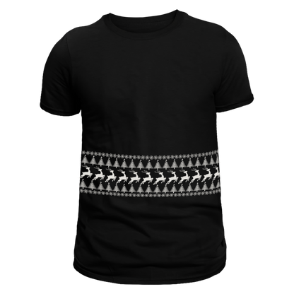 Front view of a black unisex T-shirt featuring a stripe of Christmas patterns with snowflakes, Christmas trees, and reindeer running across the chest. Limited to 100 total prints across all sizes and variations. Made from 100% cotton, it is perfect for celebrating the holiday season.
