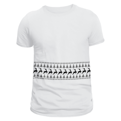 Front view of a white unisex T-shirt featuring a stripe of Christmas patterns with snowflakes, Christmas trees, and reindeer running across the chest. Limited to 100 total prints across all sizes and variations. Made from 100% cotton, it is perfect for celebrating the holiday season. 