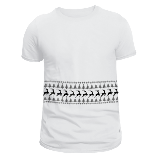 Front view of a white unisex T-shirt featuring a stripe of Christmas patterns with snowflakes, Christmas trees, and reindeer running across the chest. Limited to 100 total prints across all sizes and variations. Made from 100% cotton, it is perfect for celebrating the holiday season. 
