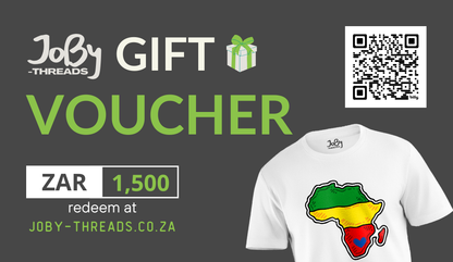 This is an image of a digital JoBy Threads gift card displaying the denomination "ZAR1500." Featuring luxurious festive motifs and the JoBy Threads logo, this card is perfect for luxury gifting, allowing recipients to indulge in multiple purchases or exclusive items.