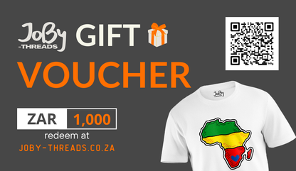 Image of a digital JoBy Threads gift card presenting the denomination "ZAR1000." The card showcases premium festive artwork with the JoBy Threads branding, making it the ultimate gift for fashion enthusiasts wanting to explore the premium range.