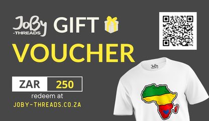 Image of a digital JoBy Threads gift card displaying the denomination "ZAR250." The card features elegant festive-themed graphics with the JoBy Threads logo, symbolising the perfect small gesture or a stylish addition to any wardrobe.