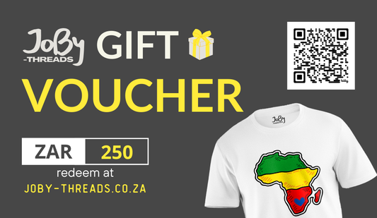 Image of a digital JoBy Threads gift card displaying the denomination "ZAR250." The card features elegant festive-themed graphics with the JoBy Threads logo, symbolising the perfect small gesture or a stylish addition to any wardrobe.