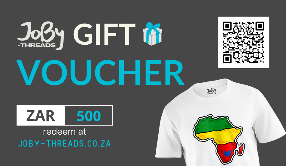 Image of a digital JoBy Threads gift card showcasing the denomination "ZAR500." The card is adorned with vibrant holiday decorations and the JoBy Threads branding, ideal for birthdays, holidays, or rewarding someone special.