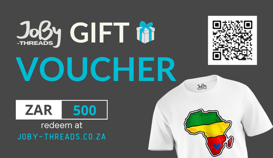 Image of a digital JoBy Threads gift card showcasing the denomination "ZAR500." The card is adorned with vibrant holiday decorations and the JoBy Threads branding, ideal for birthdays, holidays, or rewarding someone special.