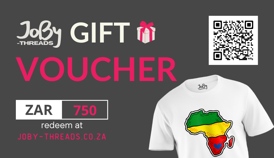 Image of a digital JoBy Threads gift card highlighting the denomination "ZAR750." Featuring sophisticated festive designs and the JoBy Threads logo, this card is perfect for significant occasions like weddings, anniversaries, or major holidays.