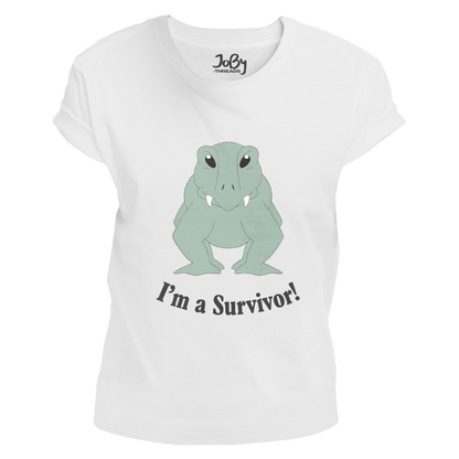 Front view of a white fitted ladies' T-shirt showcasing Lloyd the Lystrosaur, a determined herbivore with a knowing glint in his eyes and a toothy grin, paired with the bold statement "I’m A Survivor!" below. Designed by Eva Hancox and crafted from 100% cotton, it is ideal for fans of ancient resilience and unique animal designs.