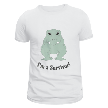 Front view of a white unisex T-shirt featuring Lloyd the Lystrosaur, a resilient reptile with a stout body and tusky grin, accompanied by the bold phrase "I’m A Survivor!" beneath. Designed by Eva Hancox and made from 100% cotton, it is perfect for prehistoric enthusiasts and fans of quirky animal stories.