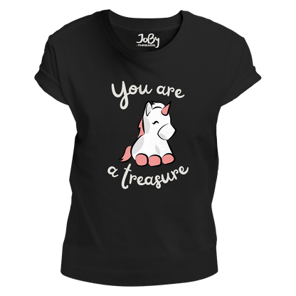 Front view of a black fitted ladies' T-shirt featuring a playful unicorn design ready to sprinkle positivity and magic.