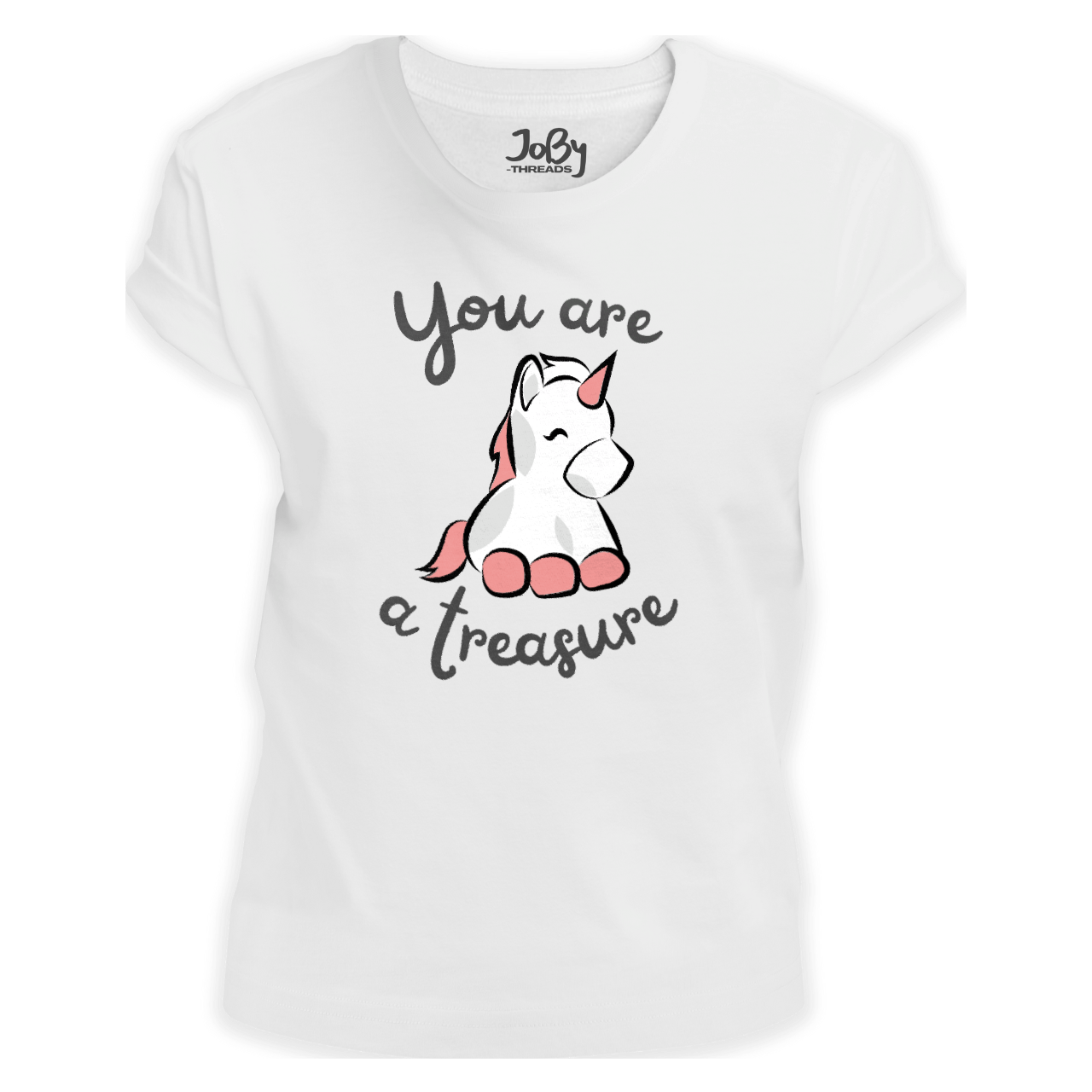 Front view of a white fitted ladies' T-shirt showcasing a playful unicorn ready to sprinkle positivity and a bit of magic.