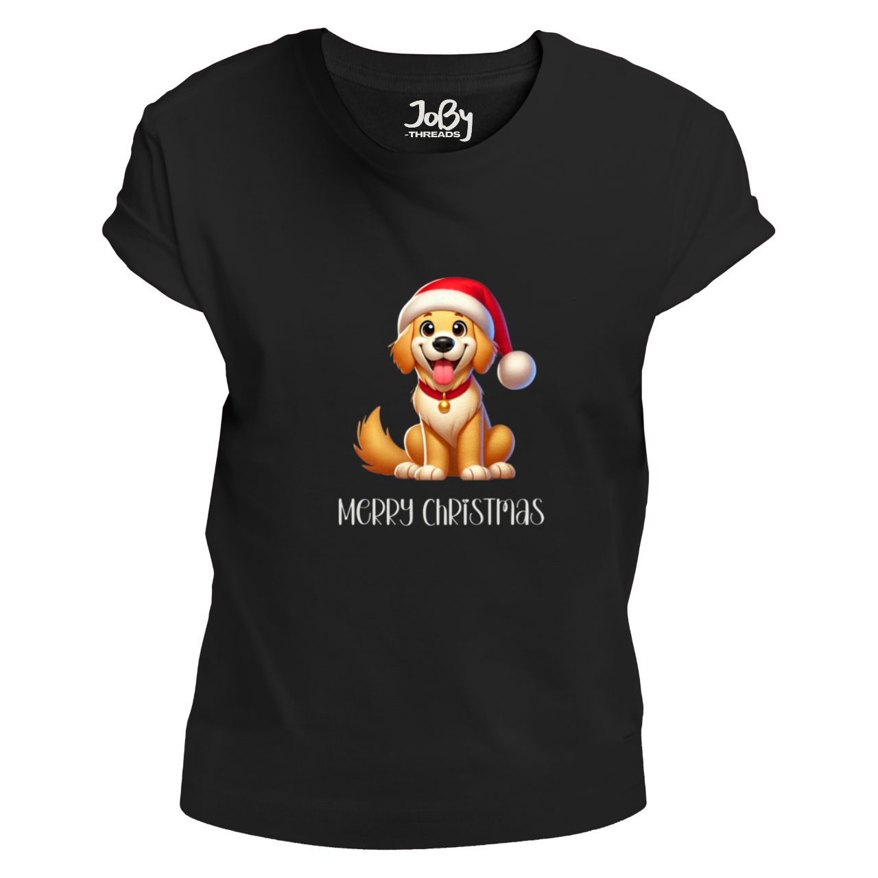 Front view of a black fitted ladies' T-shirt showcasing a charming cartoon dog in a Santa hat with bright green eyes and a happy smile. Underneath the dog, the words 'Merry Christmas' are written in festive script.