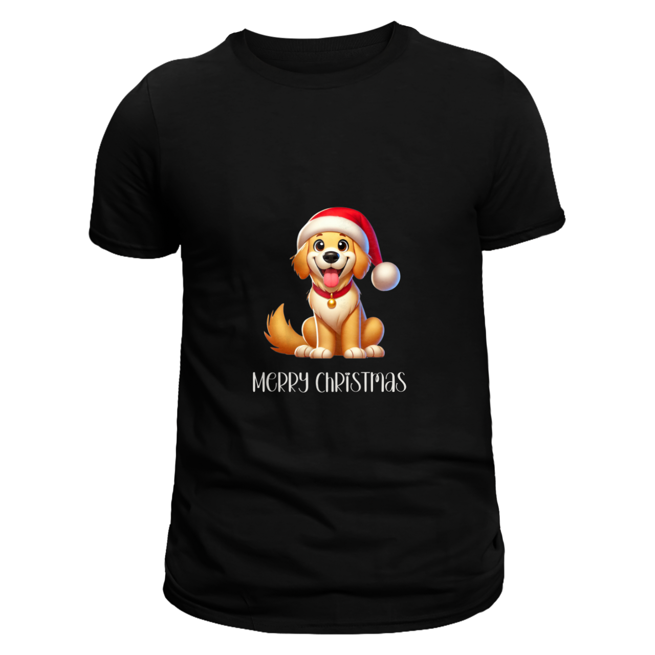 Front view of a black unisex T-shirt featuring a cute cartoon dog wearing a Santa hat with bright green eyes and joyful expression. Below the dog are the words 'Merry Christmas' in festive lettering.
