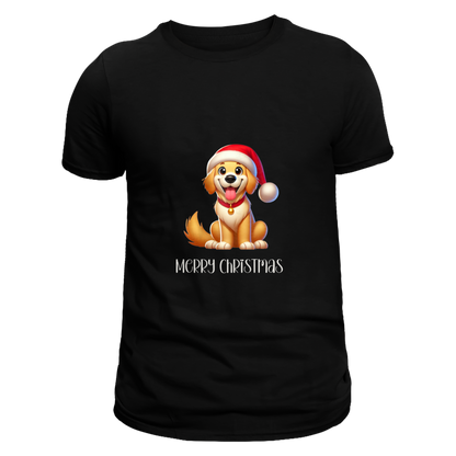 Front view of a black unisex T-shirt featuring a cute cartoon dog wearing a Santa hat with bright green eyes and joyful expression. Below the dog are the words 'Merry Christmas' in festive lettering.