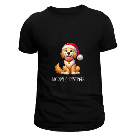 Front view of a black unisex T-shirt featuring a cute cartoon dog wearing a Santa hat with bright green eyes and joyful expression. Below the dog are the words 'Merry Christmas' in festive lettering.